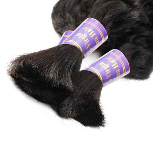 Human Braiding Hair 2 Bundle 100g Deep Wave Bulk Human Hair for Braiding No Weft 12A Brazilian Virgin Curly Human Hair Extensions for Boho Braids (Deep Wave-1B, 28/100g)