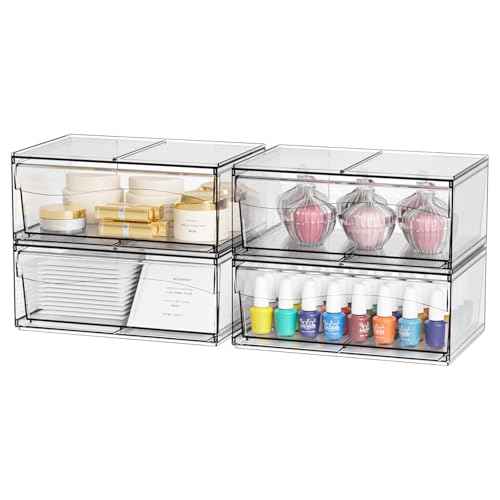 4 Pack Clear Stackable Storage Drawers,12"W Large Bathroom Makeup Organizer and Pen,Sunglass,Medicine,Baby Bottle Organizer,Plastic Pull Out Storage Bins for Desk,Under Cabinets,Vanity Countertop