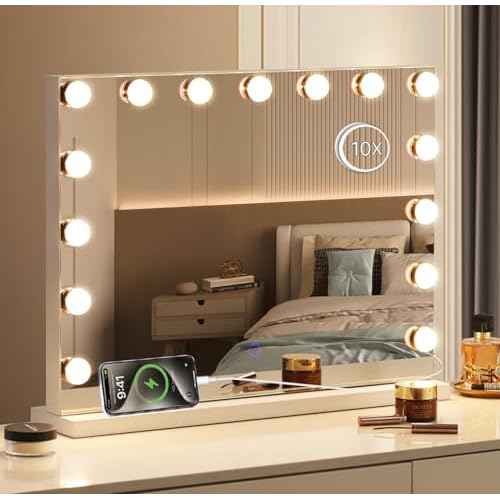 Hollywood Vanity Mirror with Lights, 23"x18" Lighted Makeup Mirror with 10x Magnifying for Desk/Wall Mount, 15 Led Bulbs, 3 Lighting Modes for College Dorm, Bedroom & Dressing Room (White)