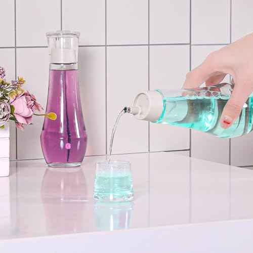 Mouthwash Dispenser For Bathroom, Glass Mouth Wash Dispensers With Cup, Mouthwash Container Bottle Holder For Adults/Kid, 8.8 OZ, Set Of 2