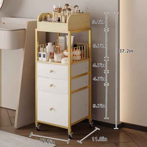 Makeup Organizer Cart with Drawers, Floor Skincare Organizers Make Up Organizers-Vanity Organizer Cosmetic Display Cases Holder for Skin Care Perfume Nail Polish Brush Hair Tool£¨Gold£©
