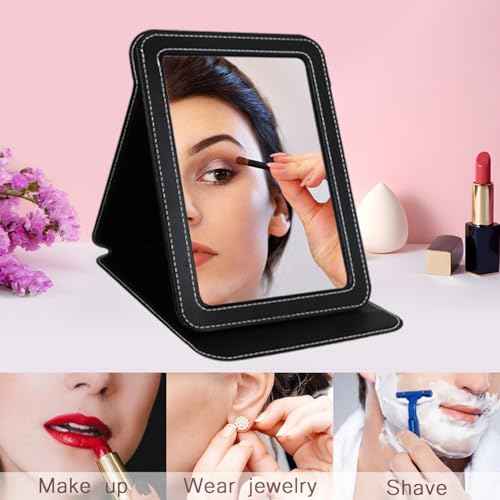 Travel Mirror for Desk, 6.5¡¿8.9¡± Adjustable Rectangle PU Edge Covering Black Foldable Desk Mirror with Stand for Travel Camping Home (Black)