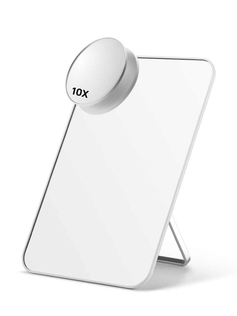 OMIRO Desk Makeup Mirror with 10X Magnifying Mirror, 8 x 5 inches Small Travel Mirror with Foldable Stand and Hanging Hole for Shaving and Travelling, White