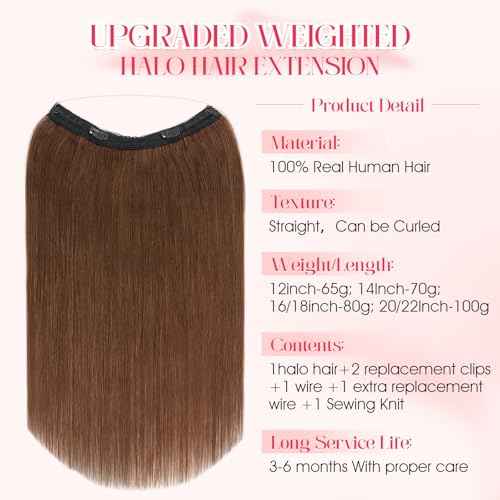 Rich Choices 100% Real Human Halo Hair Extensions for Women Remy Halo Extension Invisible Wire Hairpiece Clip in One Piece Hairpiece Upgrade Adds Weight 80g 16 Inch #4 Medium Brown