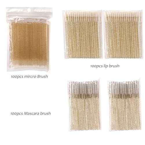 300 PCS Eyelash Extension Supplies Kit, Disposable Micro Swab Brush, Eyebrow Spoolie, Lip Brush, Mascara Wand Applicator (Crystal gold handle white kits)