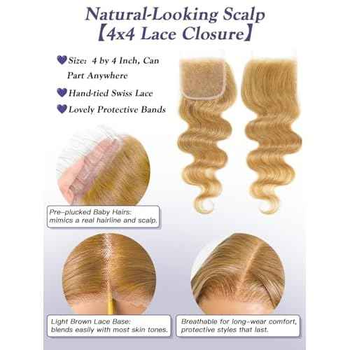 Honey Blonde Bundles with Closure Human Hair Body Wave 12 14 16+10 Inch, Color 27 Golden Ash Blonde 3 Bundles with 4x4 HD Closure, 12A 100% Raw Brazilian Virgin Hair Sew In Weave with 4x4 Closure #27
