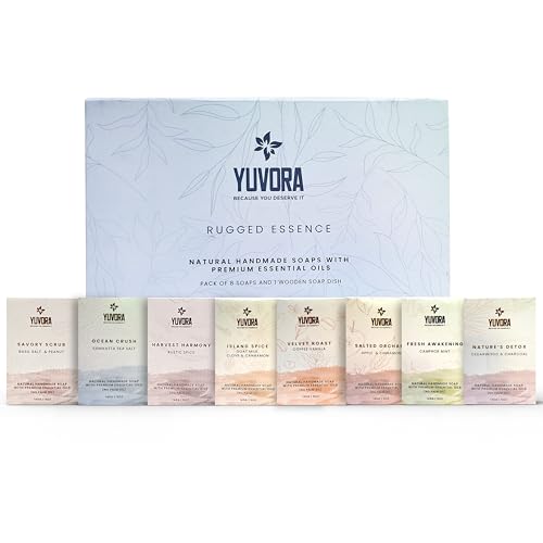 8 Pcs Men Natural Handmade Body Soaps 5 OZ Pack Set Rugged Essence Long lasting Fragrance Luxurious Scents with Natural Ingredients ? Sulfate & Paraben Free, Vegan Soaps
