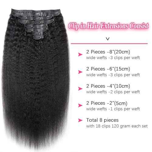 Seamless Kinky Straight Clip Ins Hair Extension Real Human Hair 18 Inch PU Kinky Straight Clip In Hair Extensions Human 8 Pcs/120g(18inch,Natural Black)