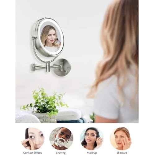 OVENTE Wall Mounted Lighted Makeup Vanity Mirror, 9" Hard Wired Double Sided 1X/7X Magnifying Bathroom Mirror, Dimmable LED Lights, 360¡Æ Rotation and 14" Extendable Arm, Nickel Brushed MPWD3185BR1X7X