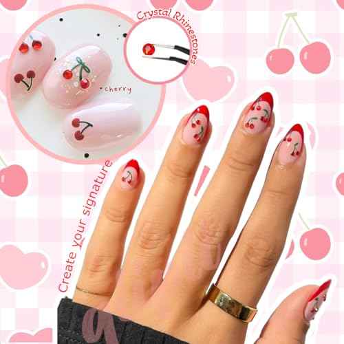 2 Sheets Cherry Nail Stickers +40 Pcs Cute Red & Pink Cherry Golden Alloy Charms + 2 Sizes Red Small Rhinestones Gems 3D Fruit Y2K Nail Art Decals DIY Design for Nails Face Eyes Makeup Crafts