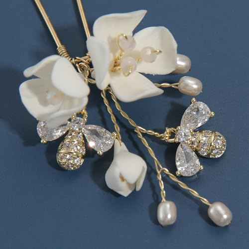 Handmade Bridal Wedding Hair Pins 5Pcs White Flower Zircon Pearl Hair Clips Bridal Hair Accessories for Women Girls Brides Bridesmaid