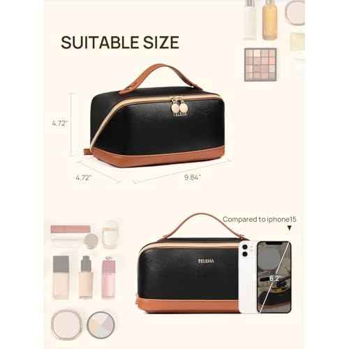 Telena Leather Make Up Bag Portable Travel Makeup Bag Waterproof Cosmetic Bags for Women Large Capacity With Handle and Divider Open Flat