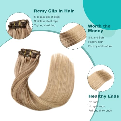 SURNEL Clip in Hair Extensions Balayage Golden Brown to Caramel Blonde Clip in Hair Extensions Real Human Hair 16inch 6pcs 100g(#10/27/27,16'')