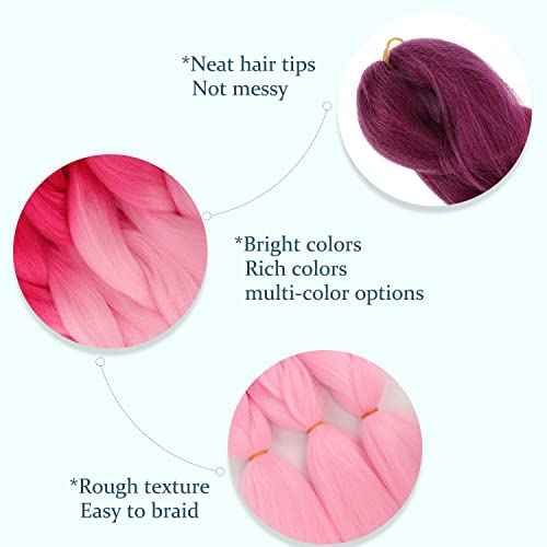 Colorful Braiding Hair Ombre Braiding Hair Extensions 24in 6Packs Pre stretched Braids Hair for Girls #Purple-Hot Pink-Pink