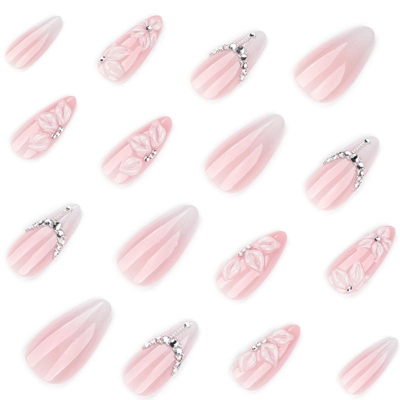 24Pcs 3D Flower Press on Nails Medium Almond Fake Nails Flowers Rhinestones Glitter Designs Full Cover White French Tip Stick on Nails Spring Summer False Nails for Women Acrylic Artificial Manicure