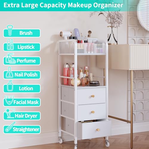 HapiRm Rolling Makeup Cart Organizer - Floor Skincare Make Up Storage with 3 Non-woven Fabric Drawers, Vanity Organizer Cosmetic Display Cases Holder for Skin Care Perfume Nail Polish Brush Hair Tool