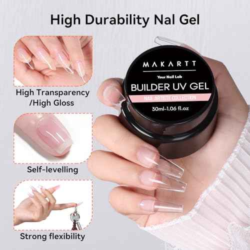 Makartt Clear Gel Builder Kit: Self-Levelling, Long Lasting Extension Hard Gels for Strengthener, Broken Nails Repair Gel Kit with Paper Forms, Dual forms, Nail File and Dual-End Brush 1.06 oz