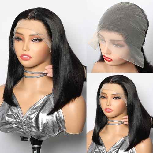 Bob Wig Human Hair 13x6 HD Frontal Lace Wig 180% Density Short Bob Wigs for Black Women Pre Plucked 100% Brazilain Virgin Human Hair Wigs - 14 Inch 13x6 Straight Bob Wig Natural Black Color