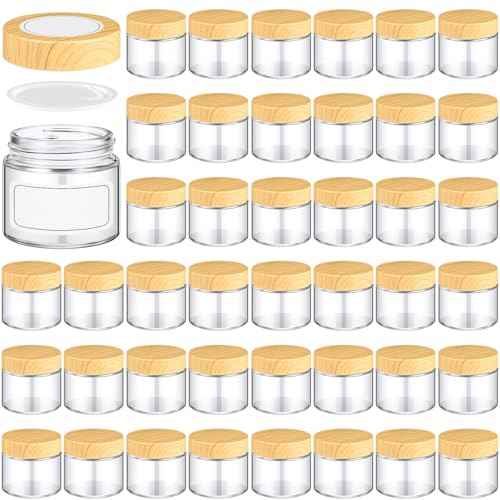 Layhit 64 Pcs 2oz Glass Jars with Lids Clear Small Jars with Plastic Woodgrain Lids, White Labels and Inner Liners Empty Round Cosmetic Containers for Creams Lotions Candle Making (2oz/ 60ml)