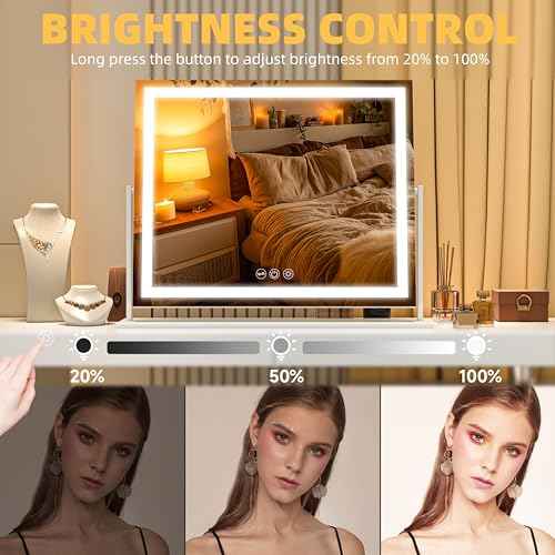 Vanity Mirror with Lights, 24'' x 20'' Lighted Makeup Mirror, Touch Screen with 3-Color Lighting, Dimmable for Vanity Desk Tabletop Square White