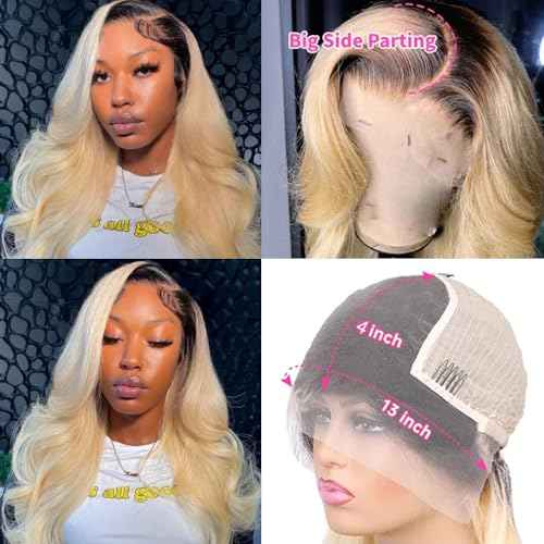Smartinnov Ombre Blonde Lace Front Wig 13x4 HD Transparent Human Hair 16 Inch with Natural Black Root Pre Plucked with Baby Hair 150% Density Lace Frontal Wigs Bleached Knots for Women