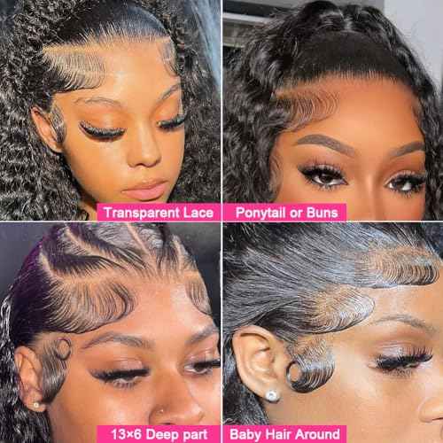 22 Inch 13¡¿6 HD Lace Front Wigs Human Hair Water Wave 200 Density Lace Frontal Wigs Pre Plucked Deep Curly Human Hair Wig for Women Natural Black
