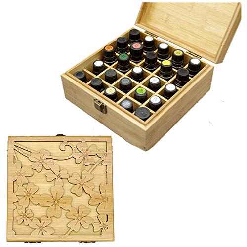 Pure Vie Bamboo Essential Oil Storage Box Travel Organizer Case with Bottle Cap Label - Aromatherapy Nail Polish Fragrance Container, Holds 25 Bottle for 5-15ml - Keep Scented Oil Safe & Space Saver