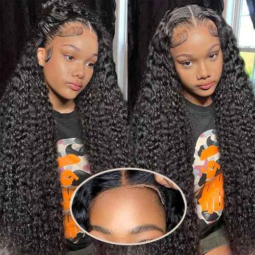 Wear and Go Glueless Wigs Human Hair Pre Plucked Pre Cut 5x5 HD Closure Wigs Human Hair Deep Wave Lace Front Wigs for Black Women 210% Dentisy 12A Deep Curly Glueless Wig Bleached Knots (24 Inch)
