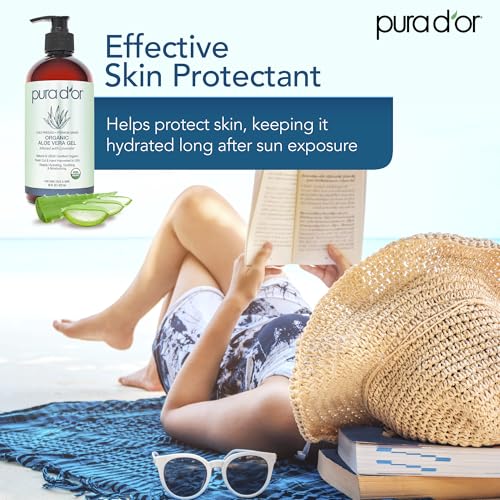 PURA D'OR ORGANIC Aloe Vera Gel Lavender (16 Oz X 3) All Natural - ZERO Artificial Preservatives - Deeply Hydrating & Moisturizing - Sunburn, Bug Bites, Rashes, Small Cuts, Eczema Relief - Skin & Hair