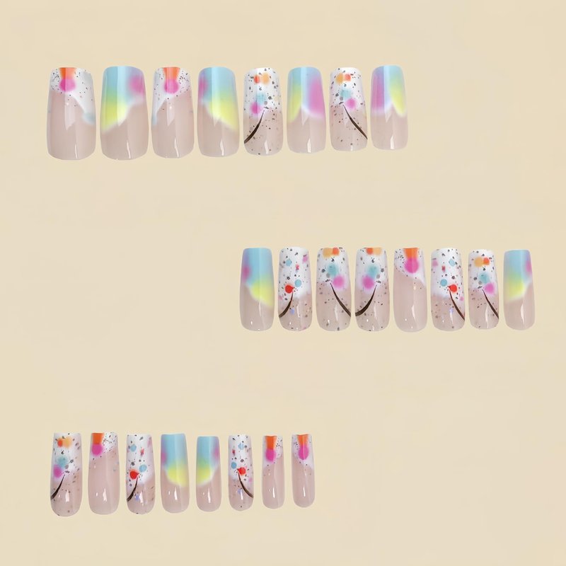 Press On Nails - Medium Length Square Acrylic Coffin Nails | Colorful Gradient Full Cover Design - 24 Pcs for Women