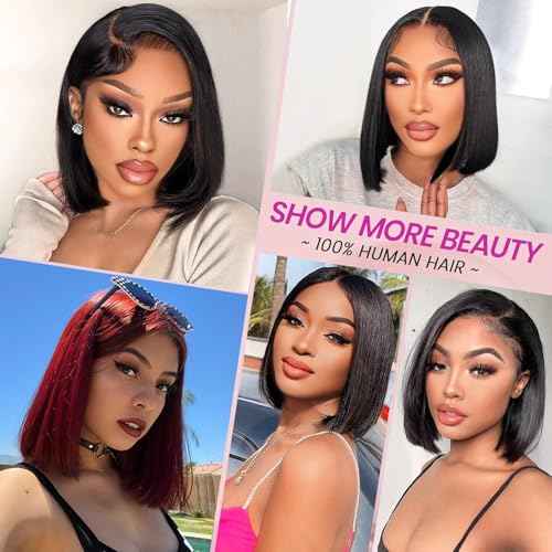12 Inch Bob Wig Human Hair 200 Density 13x4 HD Transparent Lace Front Wigs Human Hair Pre Plucked Short Bob Glueless Straight Wigs for Women Natural Color