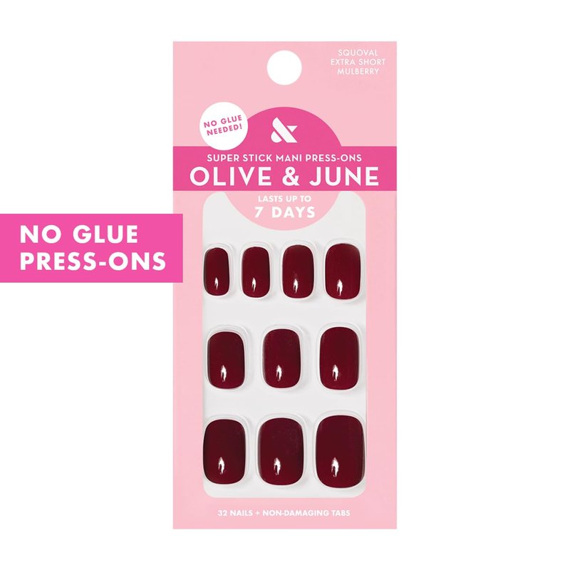 Classic Super Stick Press-On Nails - No Glue Needed, Non-Toxic | 32 Tabs in 16 Sizes | Extra Short Squoval in Mulberry Maroon