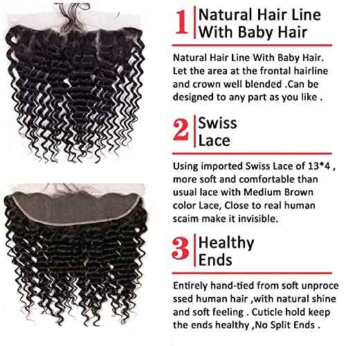 12A Grade Deep Wave Lace Frontal 13x4 Ear to Ear Lace Frontal 20 Inch 100% Unprocessed Brazilian Virgin Human Hair Swiss Lace Frontal Closure 200% Density Pre Plucked With Baby Hair Natural Color