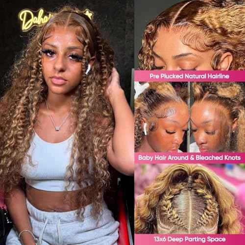 28 Inch Highlight Ombre Lace Front Wigs Human Hair 13x6 HD P4/27 Honey Blonde Deep Wave Lace Frontal Wigs 200 Density Pre Plucked Glueless Human Hair Wigs for Women