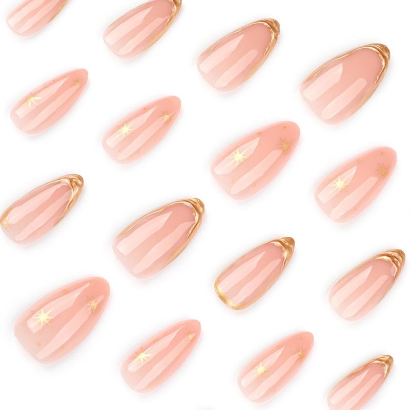 Press On Nails - Almond Acrylic Nails with Gold Line Design | 24 Pcs Glossy Full Cover for Women