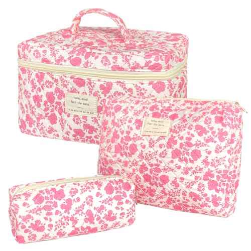 Pink Large Quilted Floral Makeup Bag Set of 3 Cute Coquette Aesthetic Cosmetic Bag Set Travel Toiletry Bag for Women