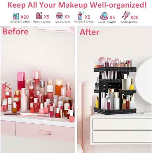 Rotating Makeup Organizer, Large Capacity Cosmetic Display Case, Acrylic Skincare Organizer with Brush Holder, Makeup Storage Organizer for Dresser Countertop and Bathroom Vanity - Black