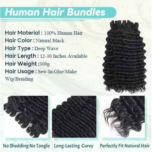 Deep Wave Human Hair Bundles 18 20 22 Inch Curly Human Hair 3 Bundles 100% Unprocessed Brazilian Virgin Deep Curly Bundles For Black Women Quick Weave Wet And Wavy Natural Black