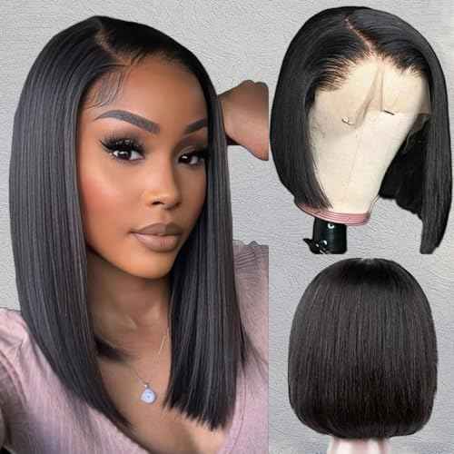 Bob Wig Human Hair 200 Density 13x4 HD Lace Front Wigs Human Hair Pre Plucked Short Bob Straight Frontal Wigs Human Hair for Women Natural Black 16"