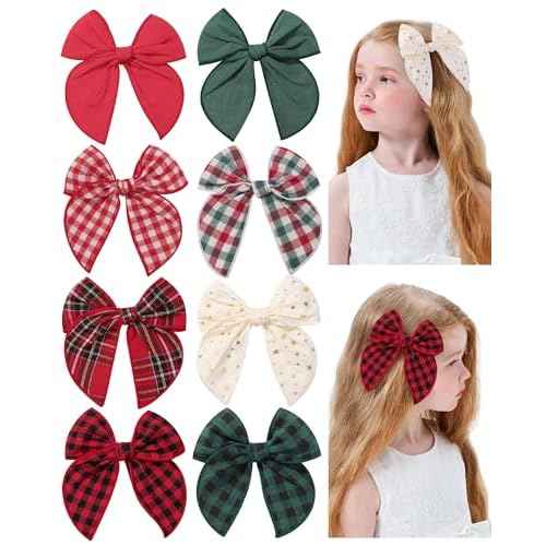 doboi 8PCS 5.5" Christmas Baby Girls Hair Clips Fable Hair Bows Cotton Linen Bows for Girls Gingham Hair Accessories for Baby Toddlers Kids