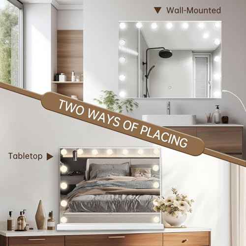 Hollywood Vanity Mirror with Lights, 23"x18" Lighted Makeup Mirror with 10x Magnifying for Desk/Wall Mount, 15 Led Bulbs, 3 Lighting Modes for College Dorm, Bedroom & Dressing Room (White)