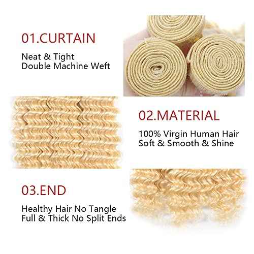 613 Deep Wave Bundle Blonde Human Hair 3 Bundles Brazilian Unprocessed Virgin Hair Extensions Double Weft Bundle For Women 24 26 28 Inch