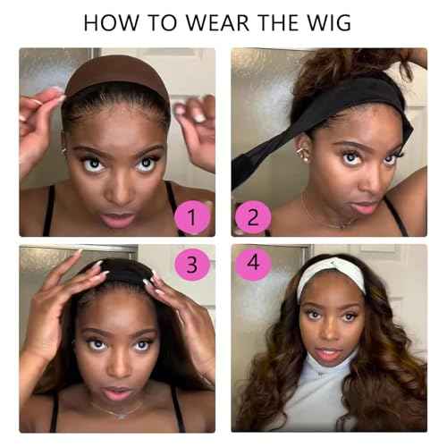 Ombre Headband Wig Human Hair #4/27 Highlight Body Wave Headband Wig Glueless None Lace Front Wig Brazilian Virgin Human Hair Wigs for Black Women Wear andGo Wig 180% Density 20 inch