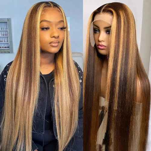 SOSEXY 20 Inch Ombre Lace Front Wig - Human Hair, 4T4/27 Pre Plucked With Baby Hair, 13x4 HD Lace Front Wigs, 180% Density Highlight Straight Lace Frontal Wigs, Glueless Wigs