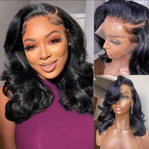 Bob Wig Human Hair 13x4 Lace Front Wigs Human Hair Pre Plucked 200% Density Short Body Wave Bob Wig Natural Color Glueless Bob Wigs for Black Women 14 Inch
