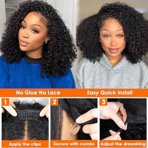 22 Inch Half Wig Human Hair 210 Density Kinky Curly Half Wig 3 In 1 Seamless Flip Over Glueless Wigs Human Hair with Drawstring Beginner Friendly kinkyCurly Headband Wig for Women