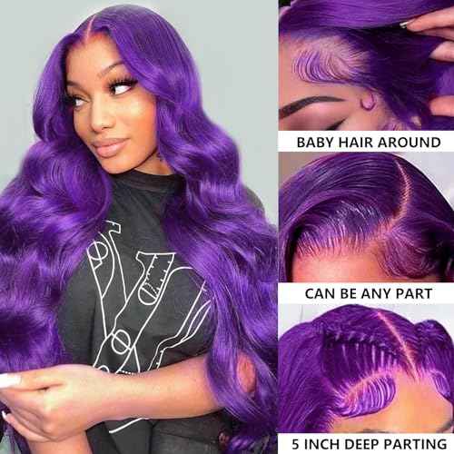 Purple Glueless Wigs Human Hair Pre Plucked With Baby Hair 200% Density Purple 5x5 Body Wave Lace Front Wigs Human Hair for Black Women HD Transparent Lace Frontal Wigs Human Hair 22 Inch