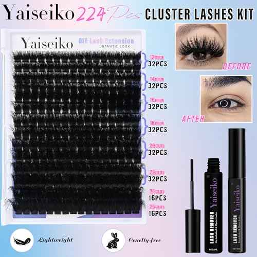 Mega Lash Clusters Kit 300D Thick 12-25mm Volume Cluster Eyelash Extensions Kit 224Pcs Wispy Individual Lashes with Lash Bond and Seal and remover Eyelash Clusters Soft False Eyelashes by Yaiseiko