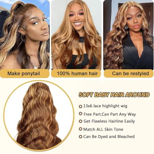 200% Density Ombre Highlight 13X6 Tansparent Lace front Wig Human Hair HD Lace Frontal 4/27 Honey Blond Brown Highlights Wigs Pre Plucked with Baby Hair Glueless Highlighted Wigs