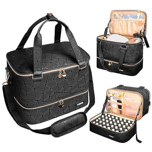 Nail Polish Organizer Bag Holds Nail Lamp& 50 Bottles (15ml/0.5fl.oz), PU Leather Nail Supplies Organizer Case with Shoulder& Holder Strap, Travel Nail Kit Storage for Manicure Tools (Black)